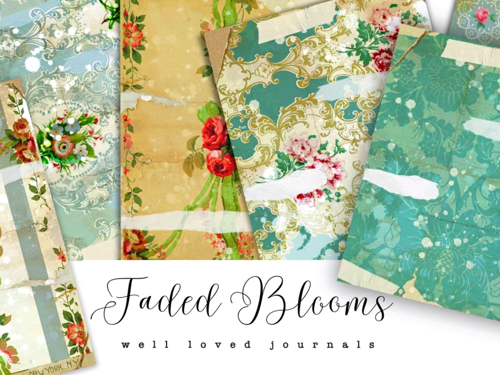 Set of 12 Faded Blooms pages for junk journals, scrapbooking, and mixed media projects