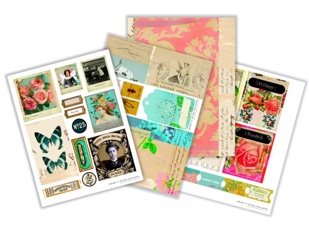 Free vintage craft kit with newsletter signup, including 4 printable papers (floral background), ephemera pieces, tags, and journal cards for scrapbooking and journaling