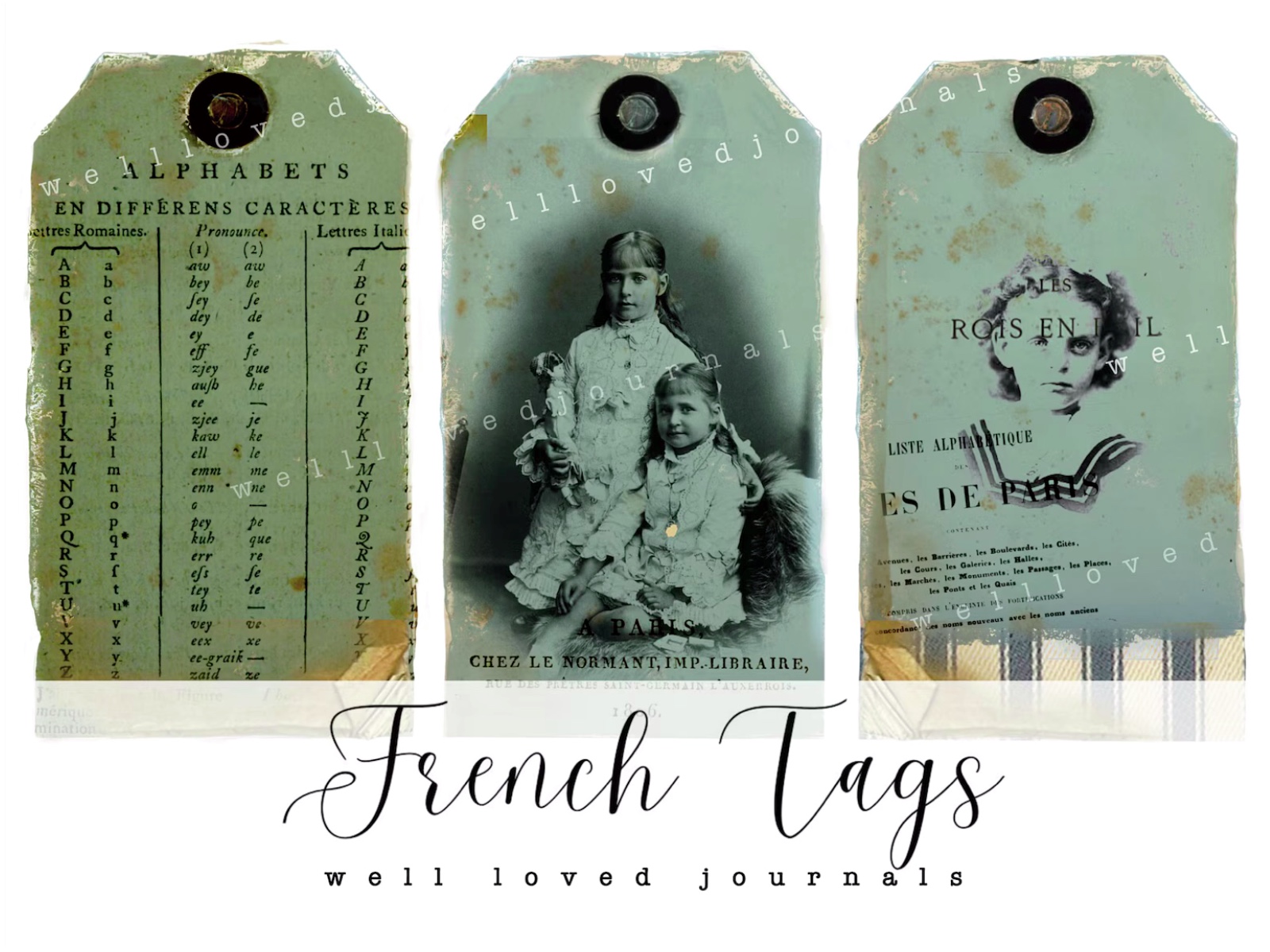 French vintage-inspired junk journal tags set for creative journaling, 18 printable tags on 6 sheets