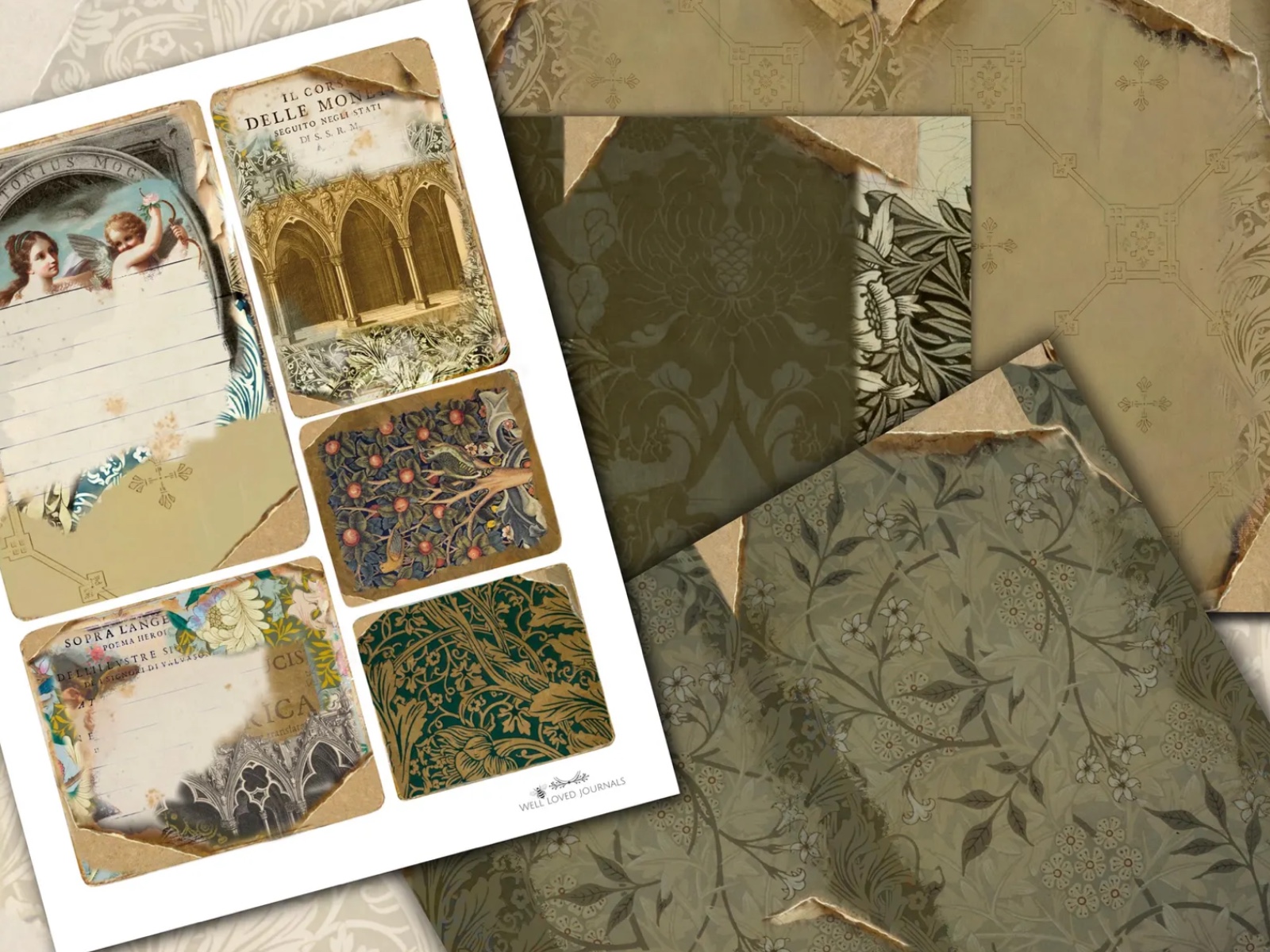 Gothic Papers Collection – 21-page digital set with intricate florals, dark hues, and Victorian textures for journaling