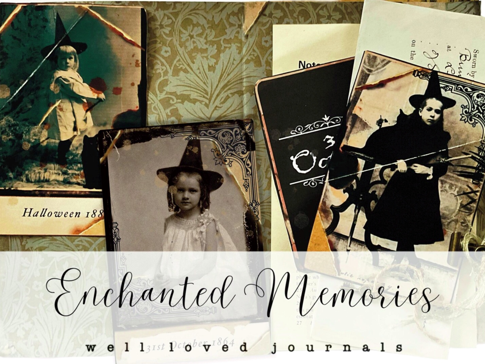 Halloween Witches Digital Paper Kit – whimsical child witches and wizards in aged, storybook-style illustrations