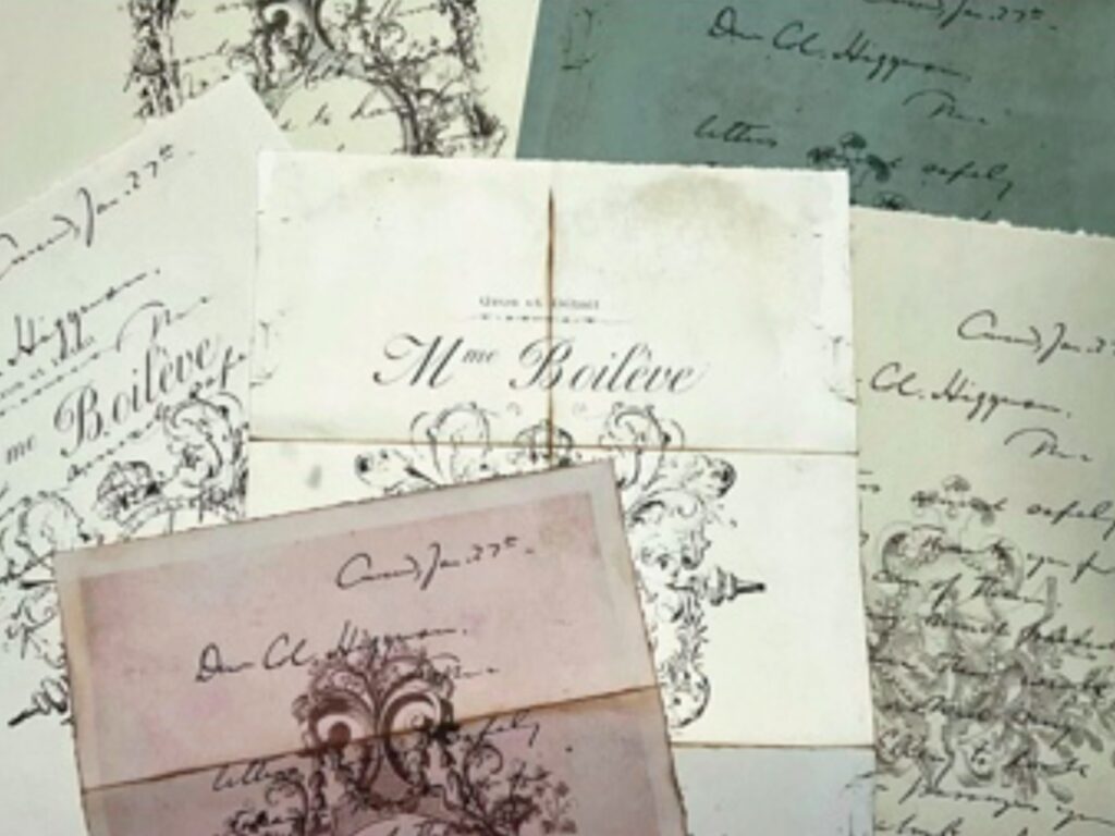 Collection of vintage-style letters and documents on various colored backgrounds, perfect for junk journaling, scrapbooking, and paper crafting