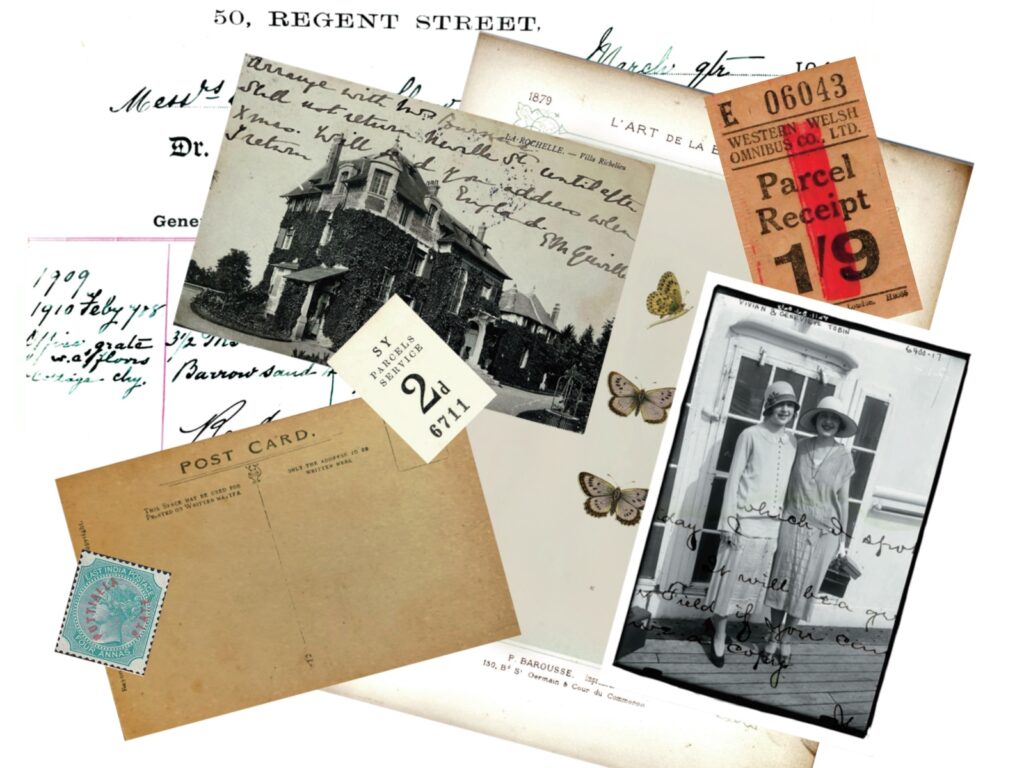 A selection of papers, postcards and photographs for junk journaling