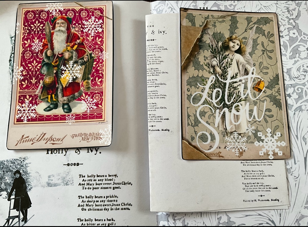 2 Christmas themed journaling cards on a Christmas junk journal, showing how well they print on photo paper
