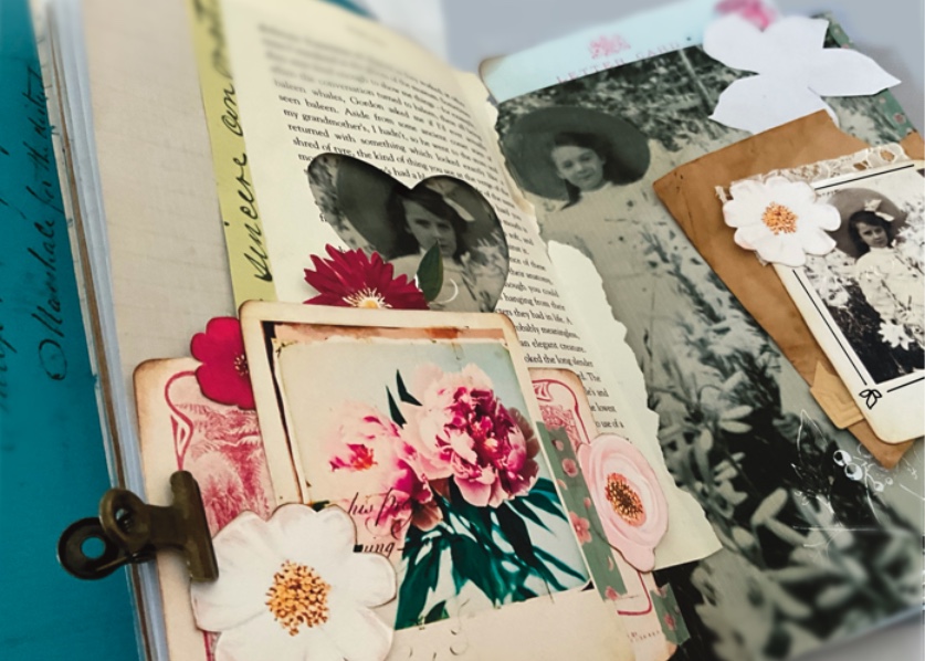 Open vintage junk journal with Victorian children and summer floral ephemera