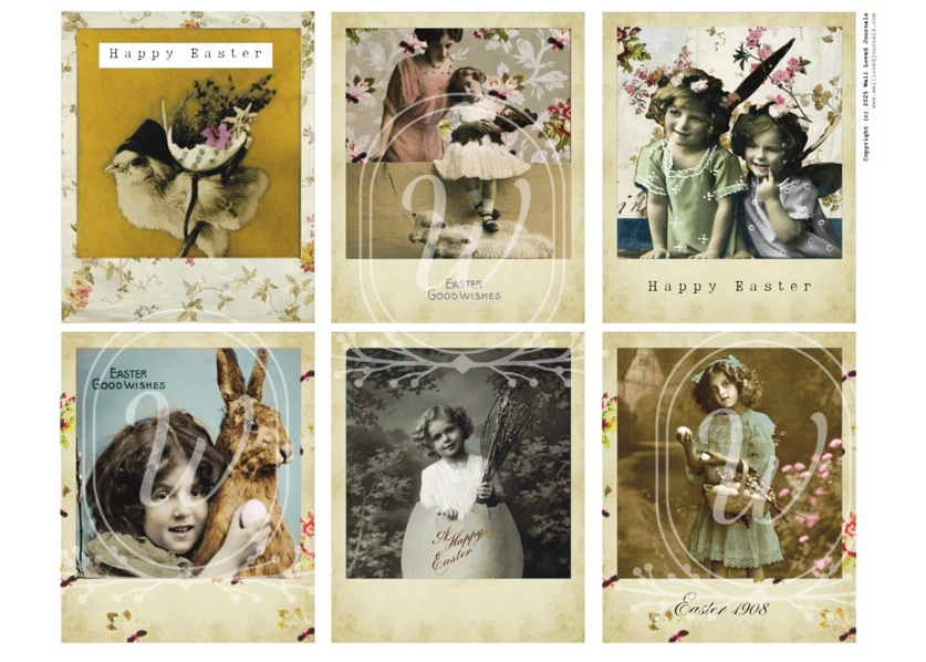 Beautiful vintage Easter images in Polaroid style featuring children, chicks, eggs, and Victorian and Edwardian illustrations, perfect for junk journaling, scrapbooking, and paper crafting