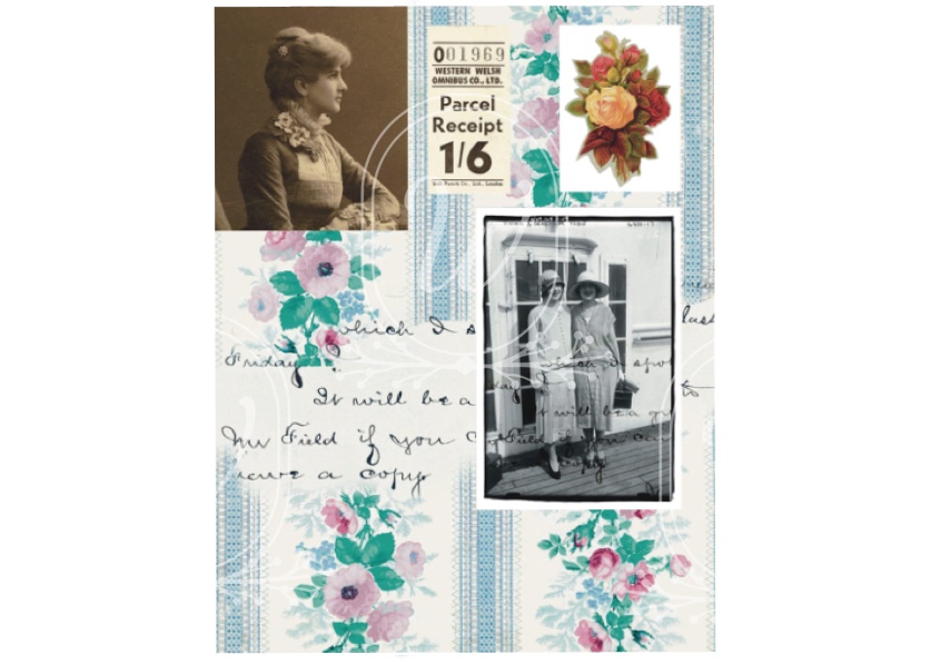 Printable vintage collage sheet with floral background, ephemera, old parcel ticket, and photos for journaling and scrapbooking