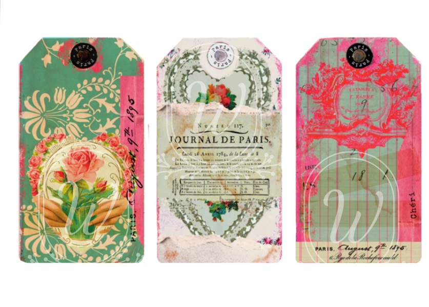 Set of 3 large junk journal tags featuring French-themed collaged documents, vintage papers, and floral designs for scrapbooking and journaling