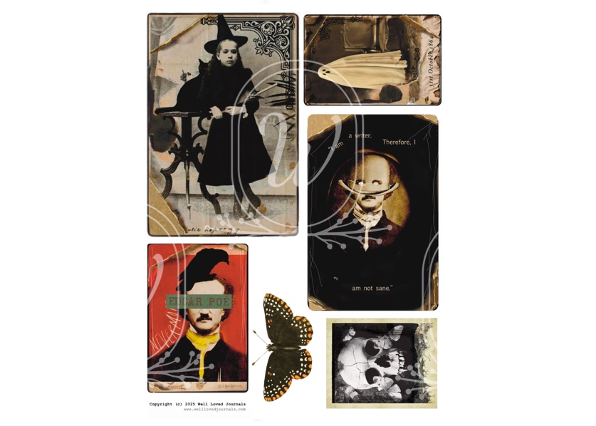 Page of Gothic journaling cards featuring skulls, Edgar Allan Poe, a witch, and a ghost, perfect for Gothic Halloween junk journaling and scrapbooking