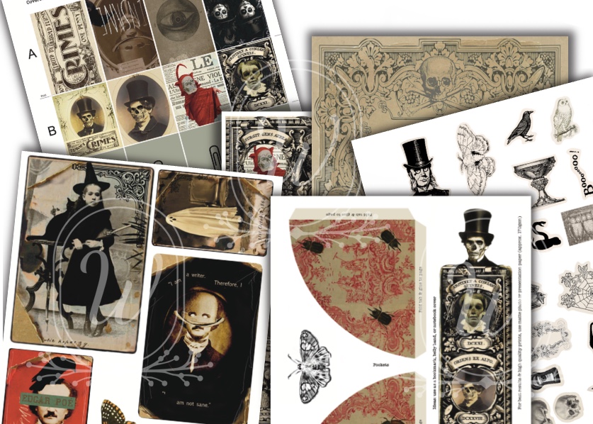 Large vintage-style Gothic Halloween junk journaling kit from Junetober 2025, including papers, pockets, ephemera, hidden paperclips, and journaling cards
