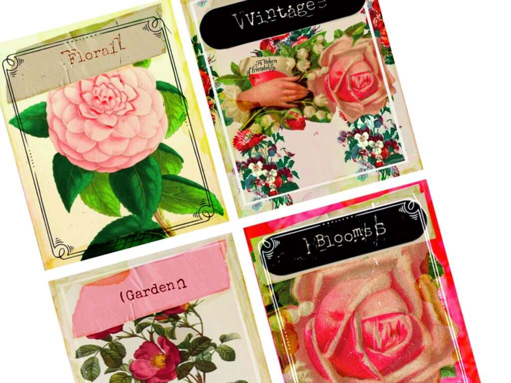 Beautiful vintage-style floral journal cards or small notebook covers with a nostalgic, decorative design